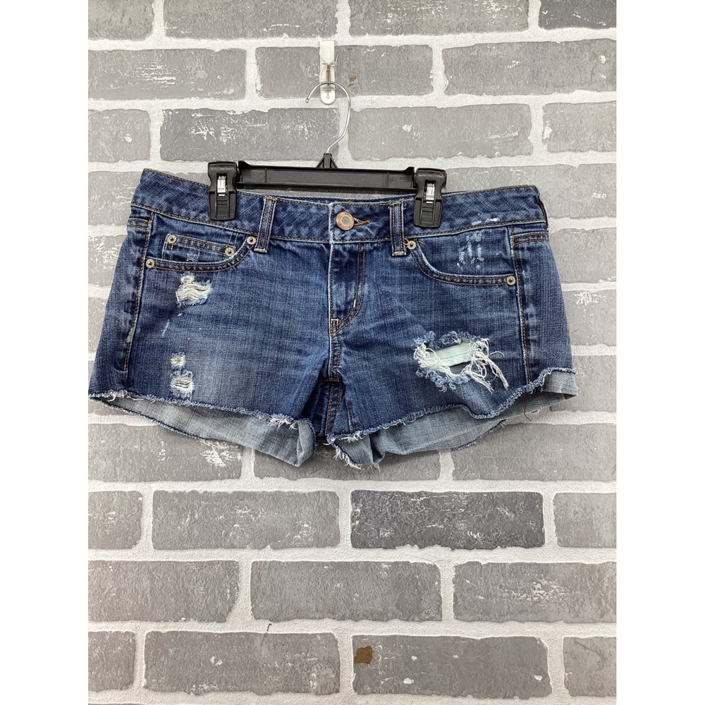 Y2K American Eagle Womens Distressed Denim Micro Shorts Dark Wash Raw Hem Size 8